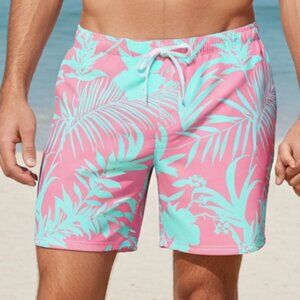 Men's 9" Inseam Swim Trunks, Tropical Pink Sea Blue 2XL